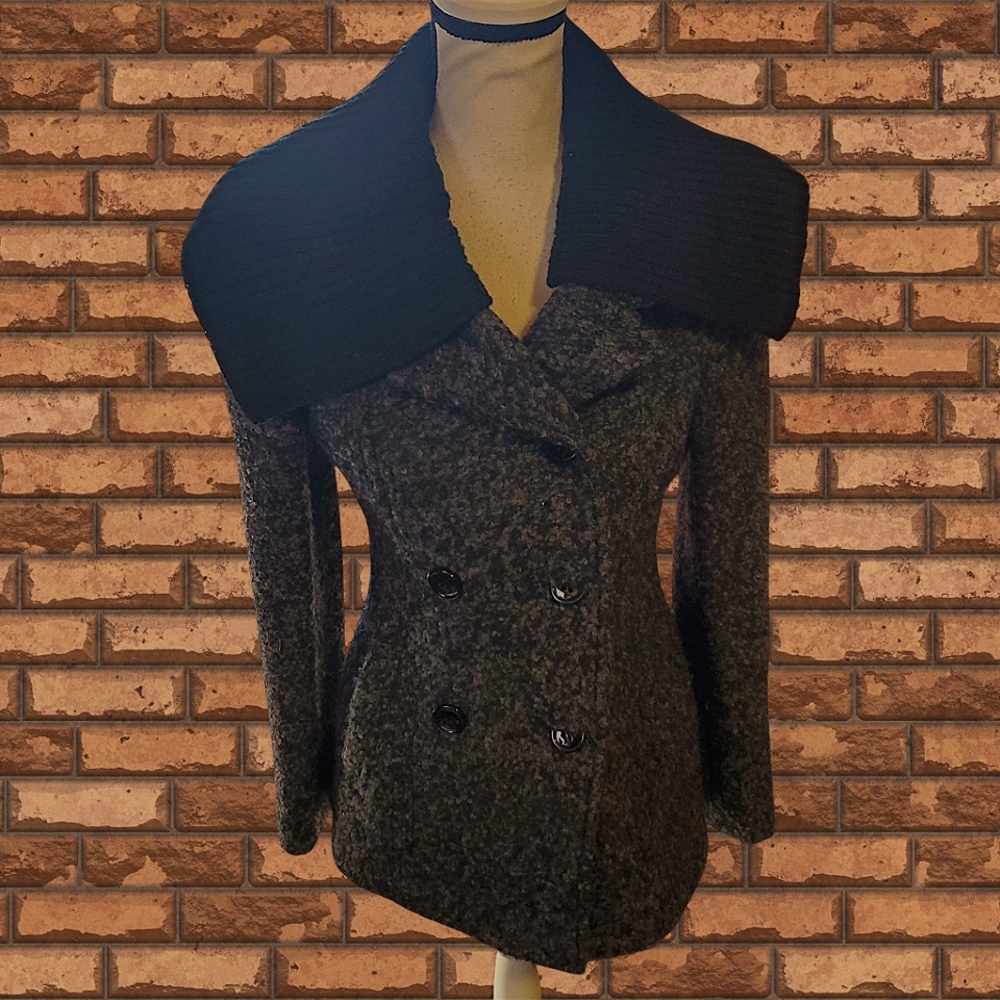 Steve Madden Black Gray Wool Blend Pea Coat Button Down Winter Tweed